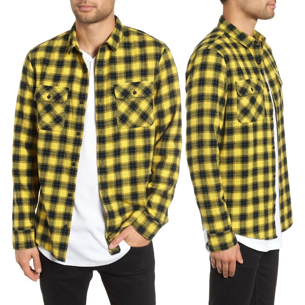 New! Nordstrom The Rail Flannel Shirt Men's L XL Yellow & Black Plaid